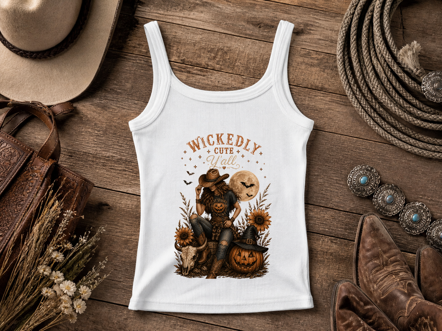 Wickedly Cute Halloween Crop Tank — Pumpkin, Sunflowers & Moon Graphic