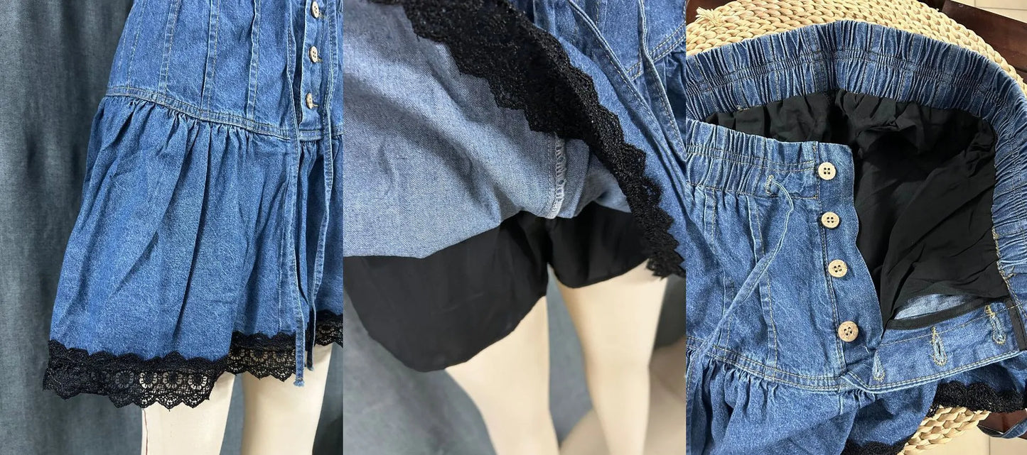 Painted Poppy Skirt - Blue Cowgirl-style Denim Skirt With An Elastic Waistband
