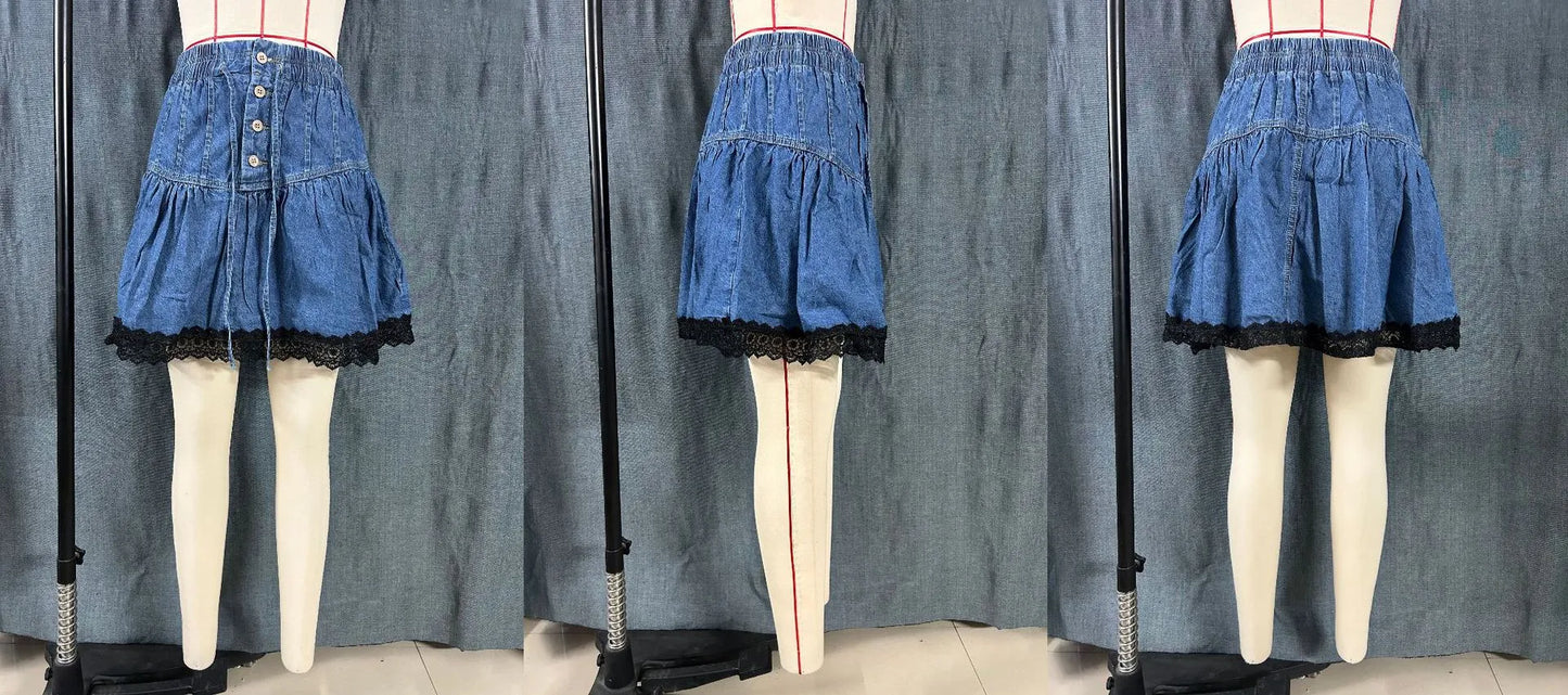 Painted Poppy Skirt - Blue Cowgirl-style Denim Skirt With An Elastic Waistband