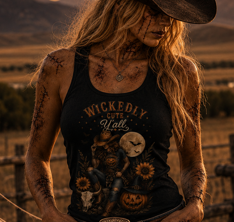 Wickedly Cute Halloween Crop Tank — Pumpkin, Sunflowers & Moon Graphic