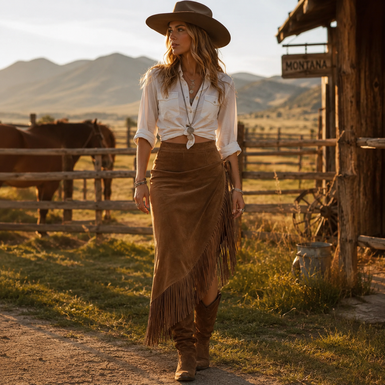 Golden Prairie Skirt - Women's Retro Western Fringe Hem Irregular Suede Skirt