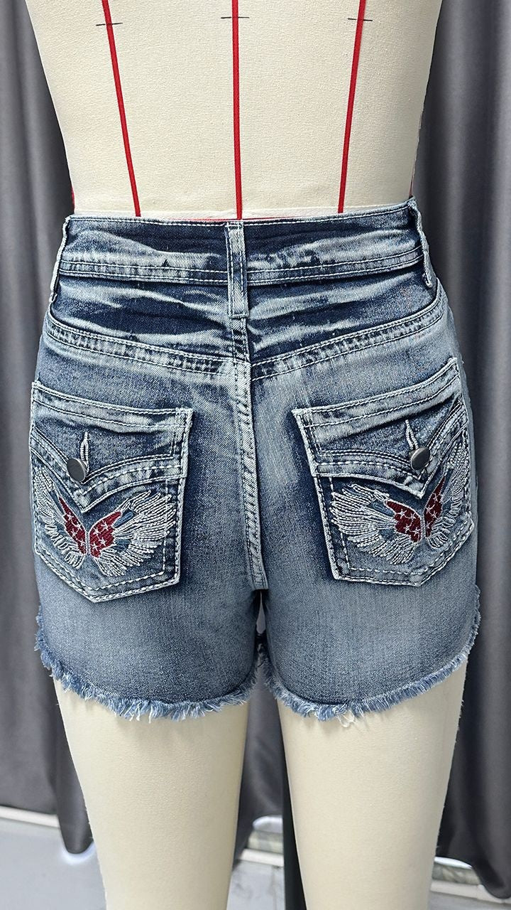 Sweet Clover Denim Shorts - Women's Denim Shorts Embroidery Design Washed Frayed Hem