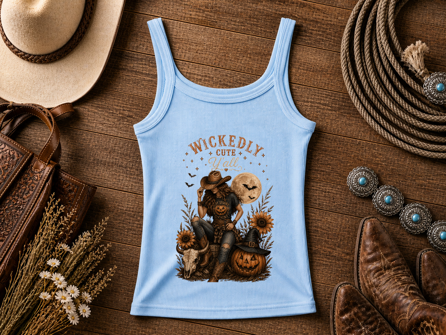 Wickedly Cute Halloween Crop Tank — Pumpkin, Sunflowers & Moon Graphic