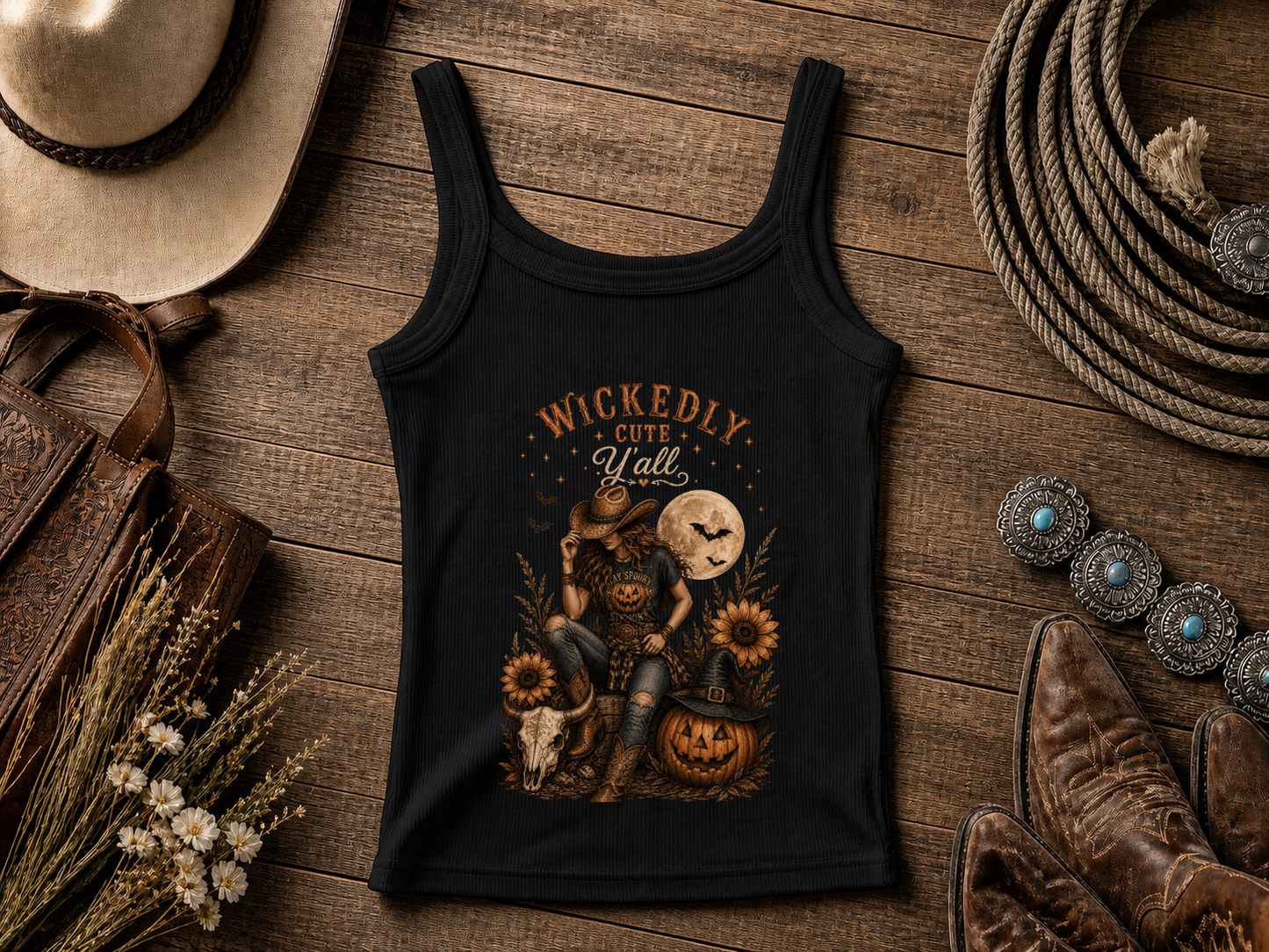 Wickedly Cute Halloween Crop Tank — Pumpkin, Sunflowers & Moon Graphic