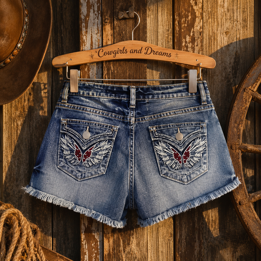 Sweet Clover Denim Shorts - Women's Denim Shorts Embroidery Design Washed Frayed Hem