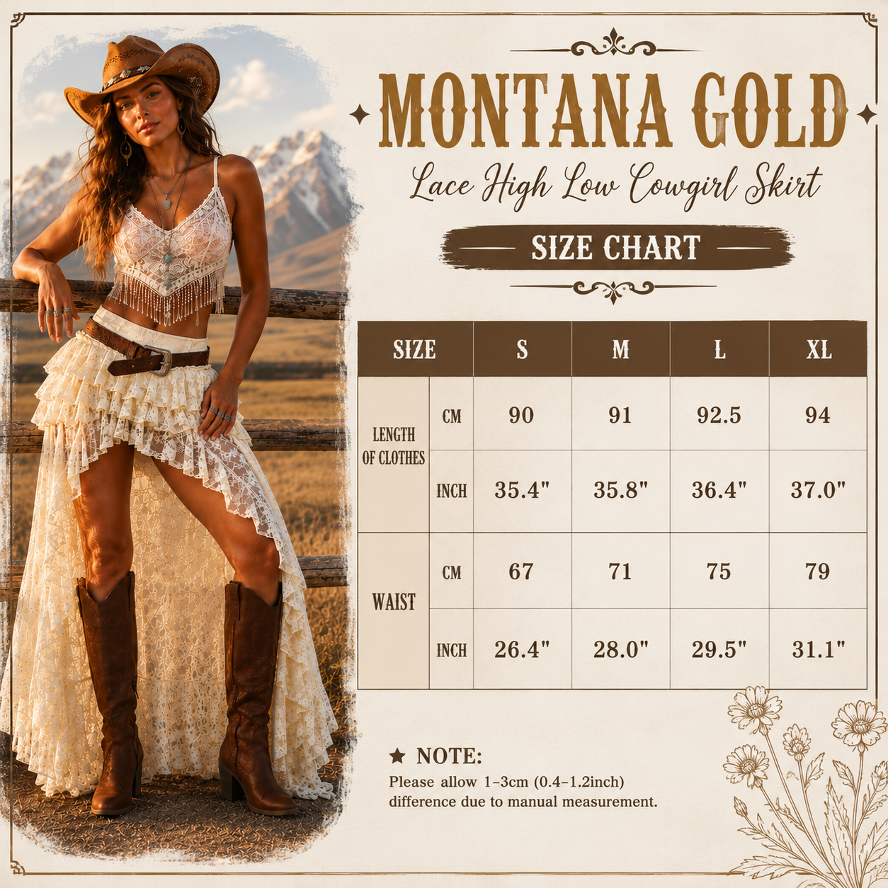 Montana Gold Lace High-Low Cowgirl Skirt - Irregular Designer-style Skirt With A Cowgirl Vibe