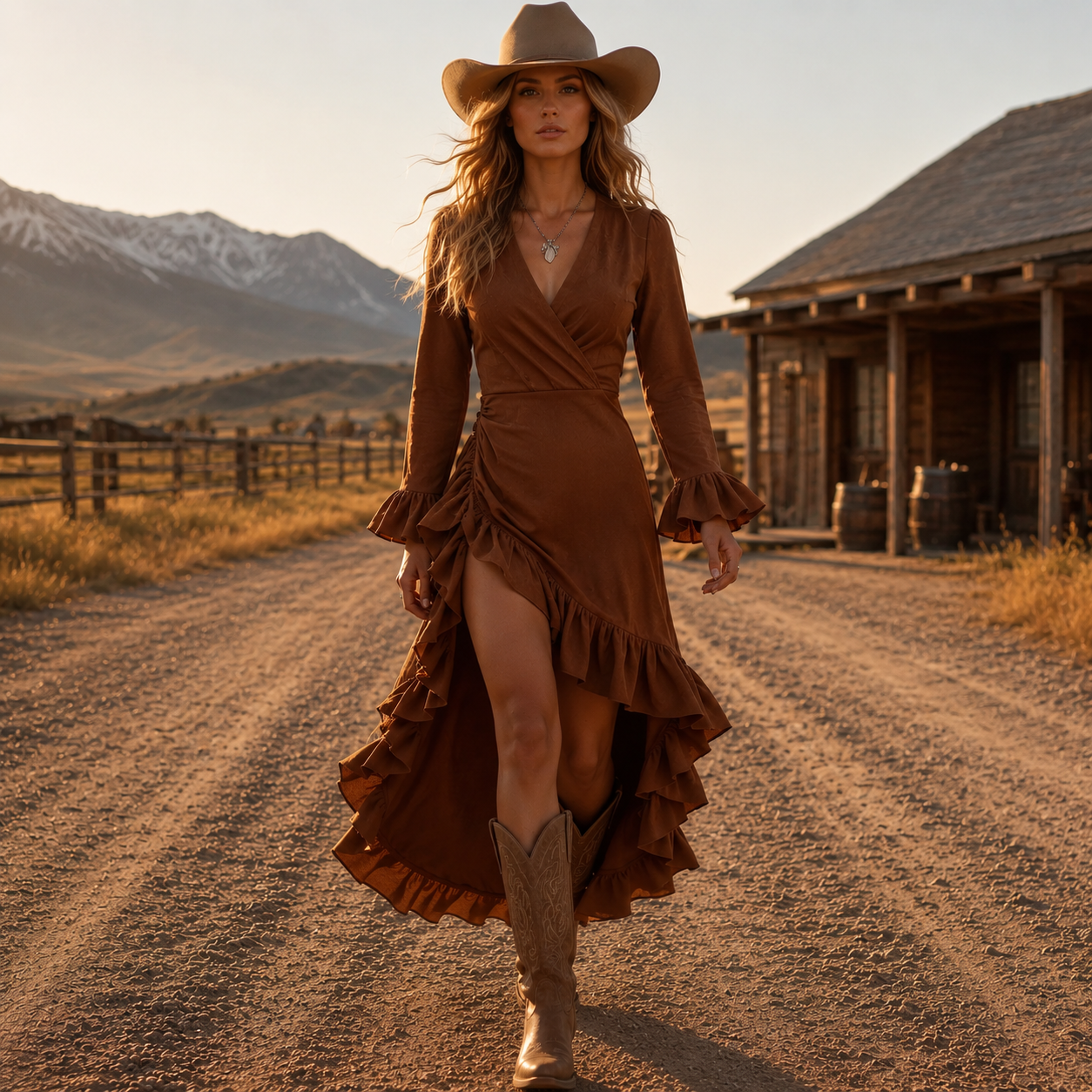 Bella Prairie Dress - Retro Cowgirl Style Brown V-neck Dress | Cowgirls and Dreams