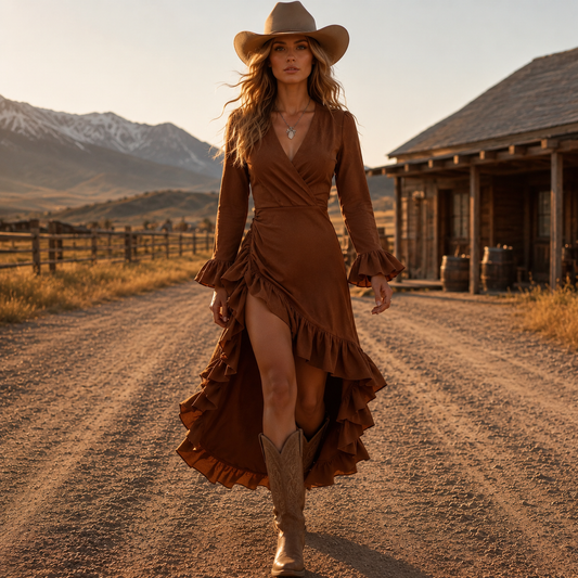 Bella Prairie Dress - Retro Cowgirl Style Brown V-neck Dress | Cowgirls and Dreams