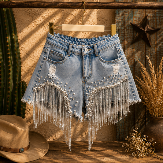 Shimmer & Spurs Shorts Woman's Denim Tassel Shorts - Cowgirls and Dreams