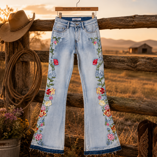 Dusty Rose Jeans - Flared Jeans For Women With Intricate 3D Embroidery | Western Jeans - Cowgirls and Dreams