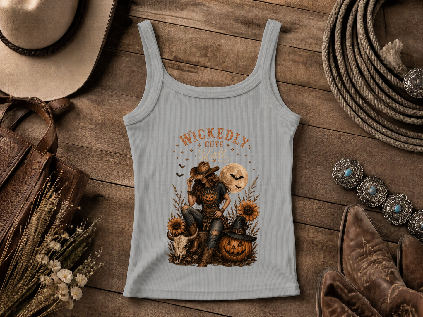 Wickedly Cute Halloween Crop Tank — Pumpkin, Sunflowers & Moon Graphic