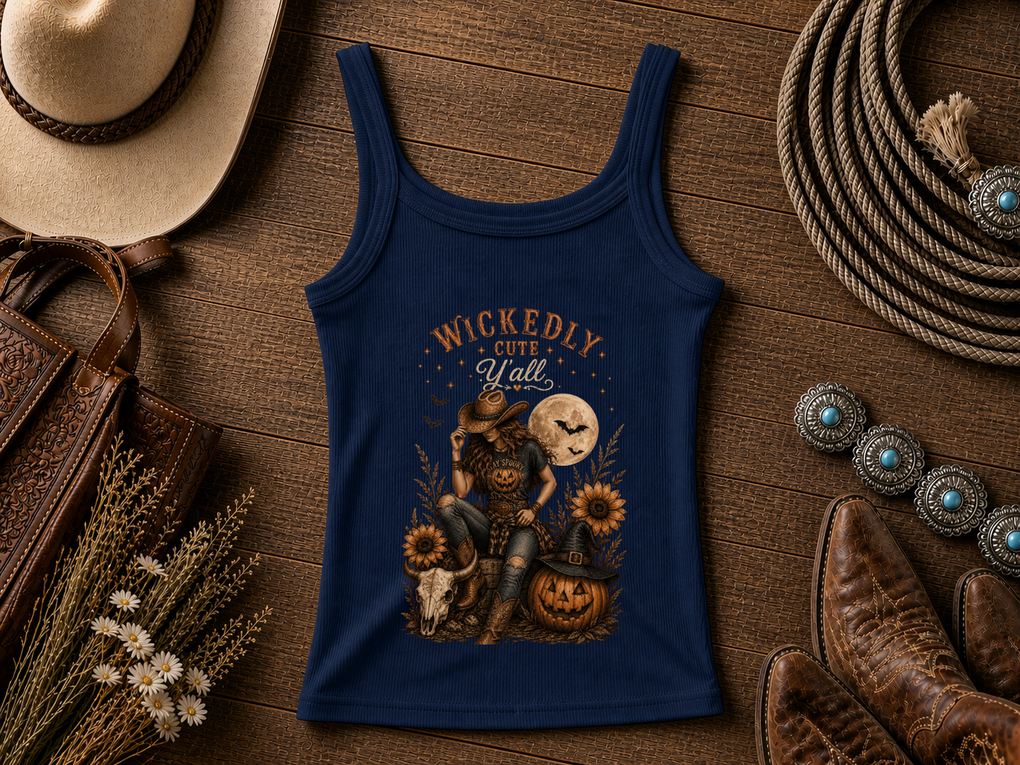 Wickedly Cute Halloween Crop Tank — Pumpkin, Sunflowers & Moon Graphic
