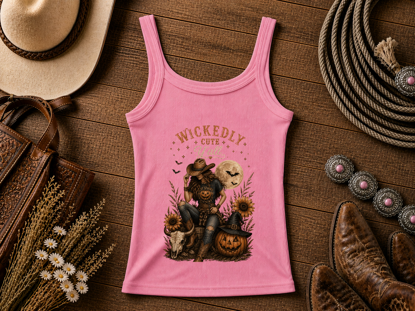 Wickedly Cute Halloween Crop Tank — Pumpkin, Sunflowers & Moon Graphic