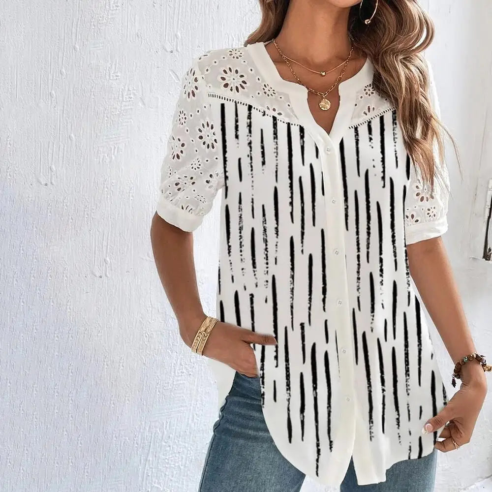 Meadow Bloom Blouse - Casual Lace Woman Shirt Fashion Loose Shirt Woman Elegant Short Sleeve Blouse