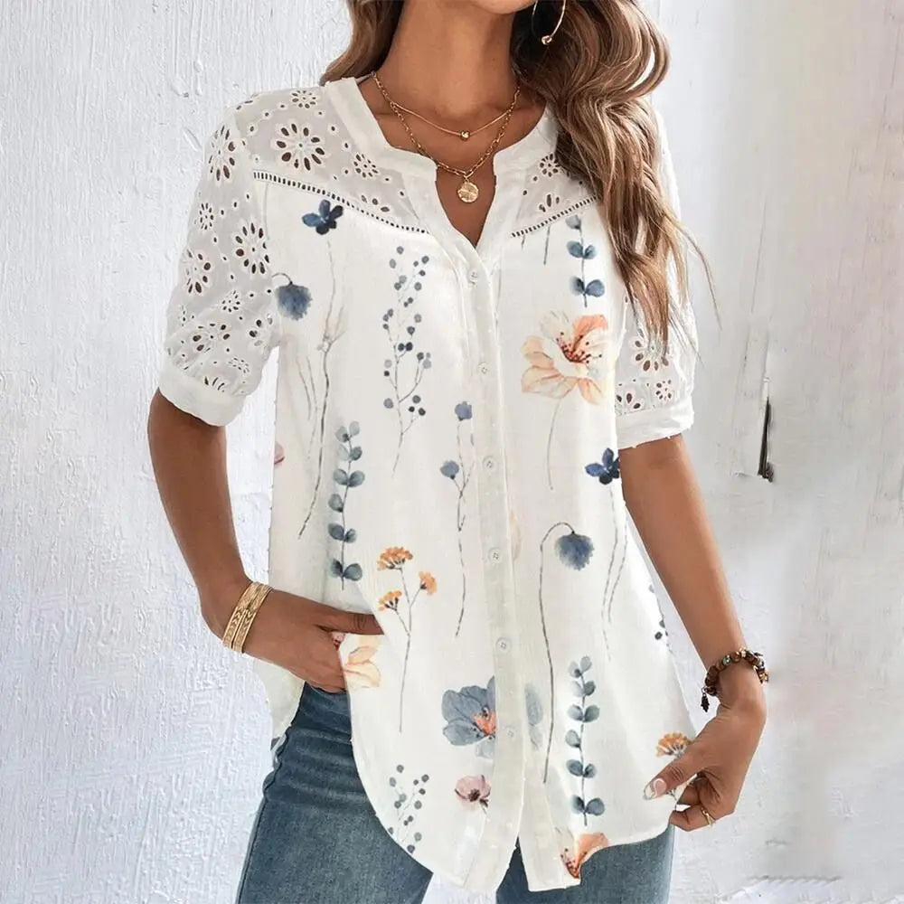 Meadow Bloom Blouse - Casual Lace Woman Shirt Fashion Loose Shirt Woman Elegant Short Sleeve Blouse