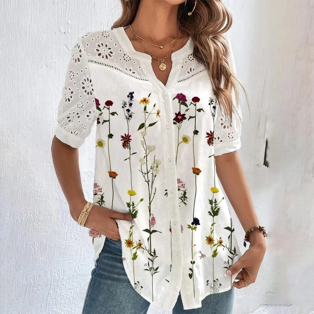 Meadow Bloom Blouse - Casual Lace Woman Shirt Fashion Loose Shirt Woman Elegant Short Sleeve Blouse