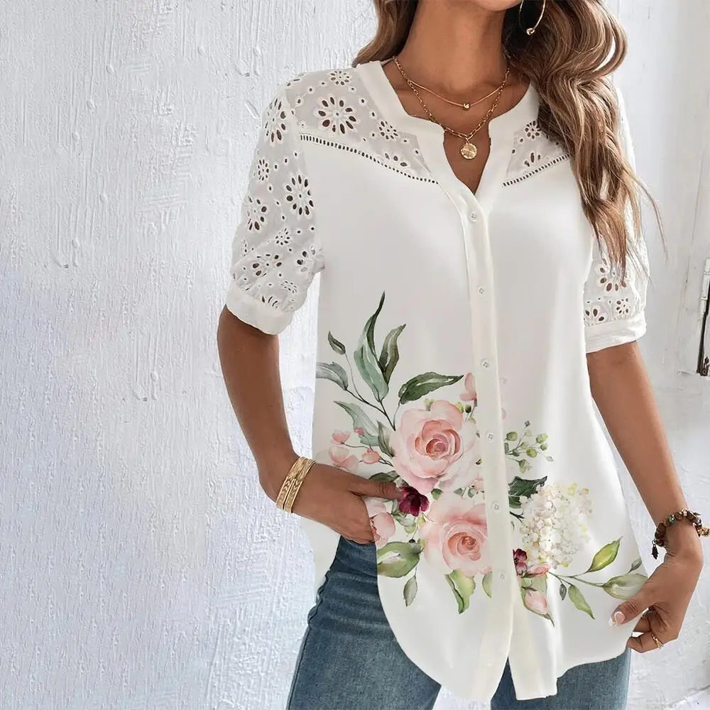 Meadow Bloom Blouse - Casual Lace Woman Shirt Fashion Loose Shirt Woman Elegant Short Sleeve Blouse