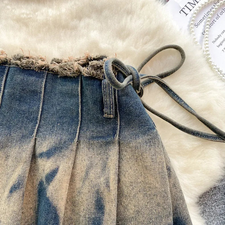 Lavender Trails Skirt - Washed Watercolor Pleated Short Skirt With Bow