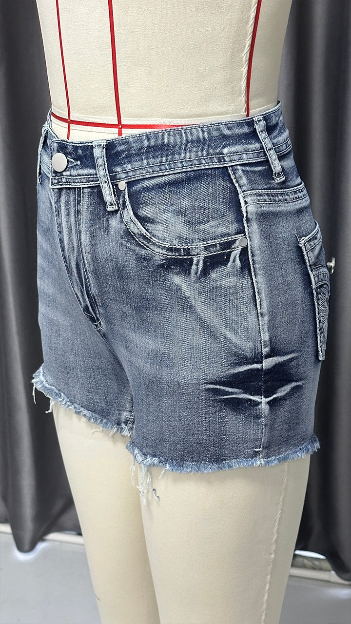 Sweet Clover Denim Shorts - Women's Denim Shorts Embroidery Design Washed Frayed Hem