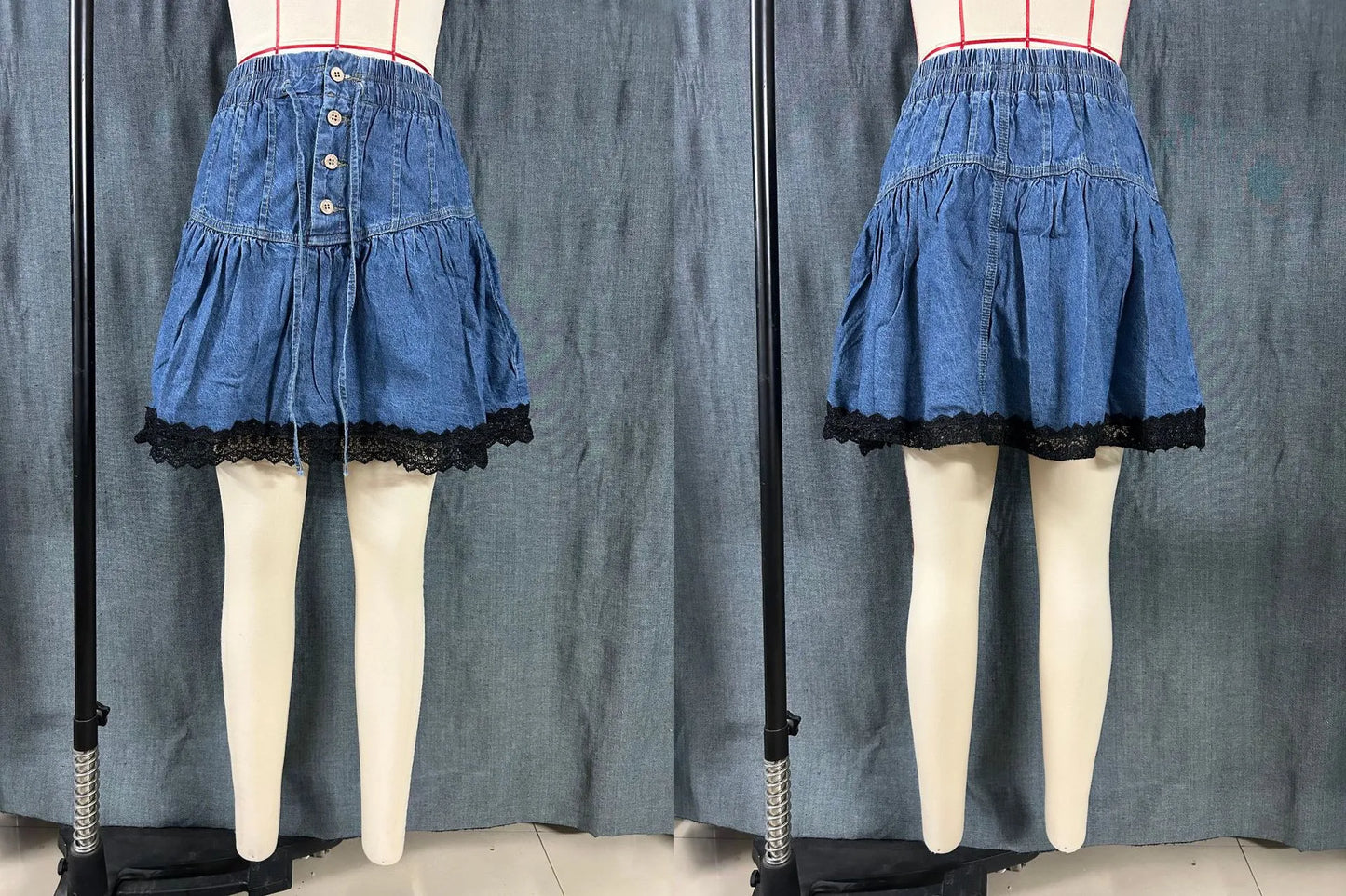 Painted Poppy Skirt - Blue Cowgirl-style Denim Skirt With An Elastic Waistband