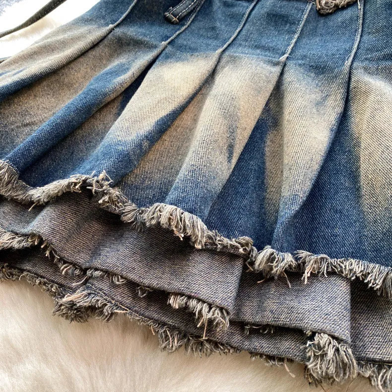 Lavender Trails Skirt - Washed Watercolor Pleated Short Skirt With Bow