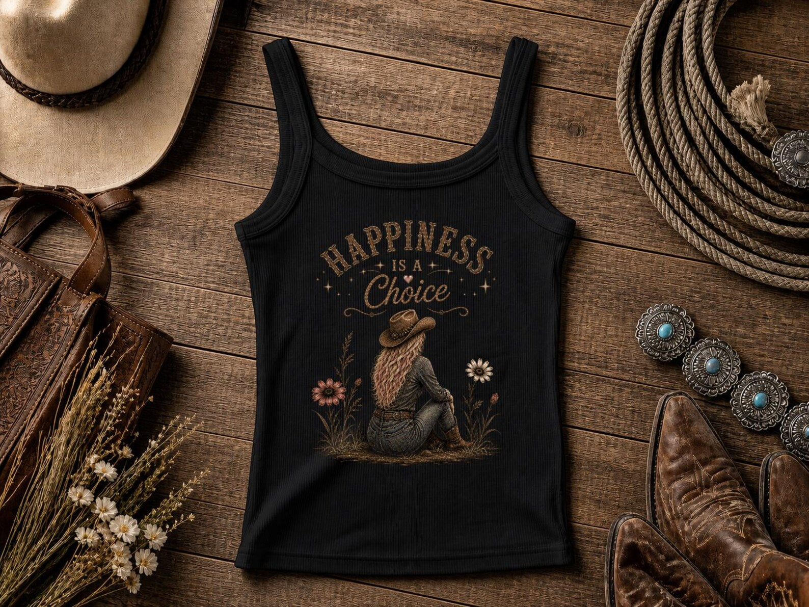 Happiness Is A Choice | Western Cowgirl Tank Top | Retro Nashville Rodeo Shirt | Vintage Graphic T-Shirt | Bella Canvas Western Top for Women
