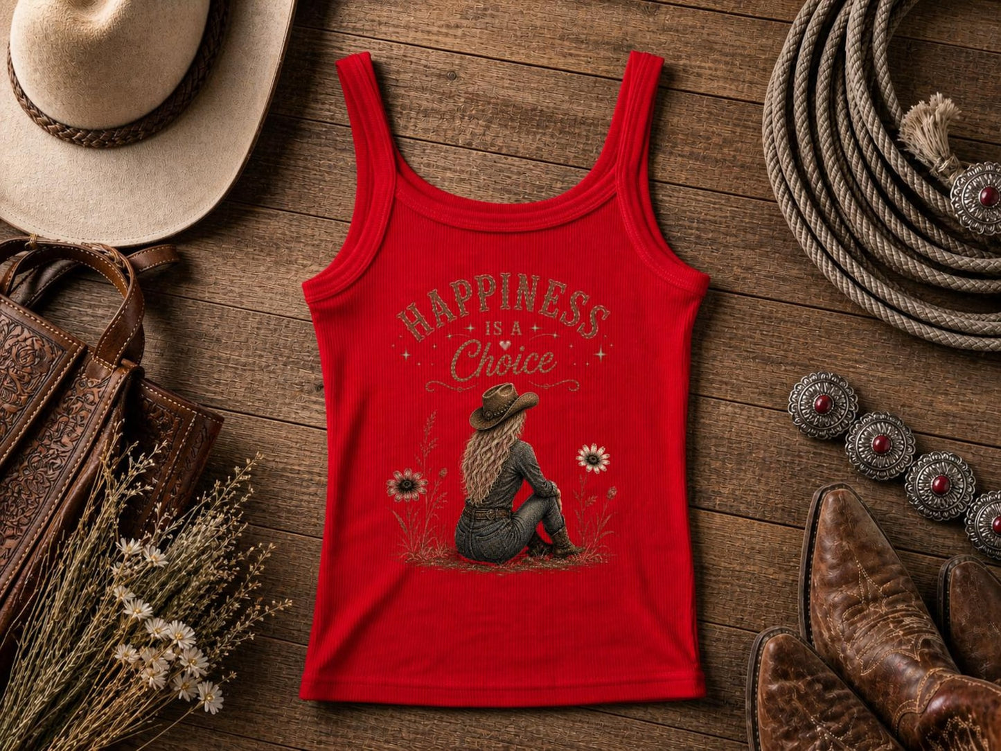 Happiness Is A Choice | Western Cowgirl Tank Top | Retro Nashville Rodeo Shirt | Vintage Graphic T-Shirt | Bella Canvas Western Top for Women