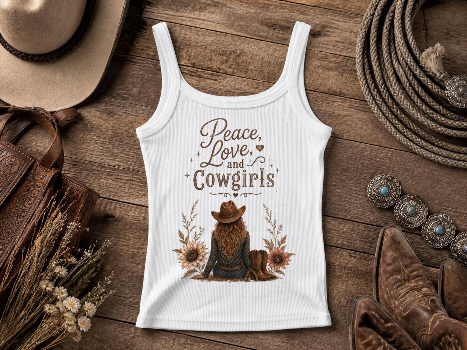 Cowgirl Peace & Love Tank Top — Western Tank Top, Comfort Colors Tank, Cowgirl TShirt, Rodeo Tee | Cowgirl Shirt