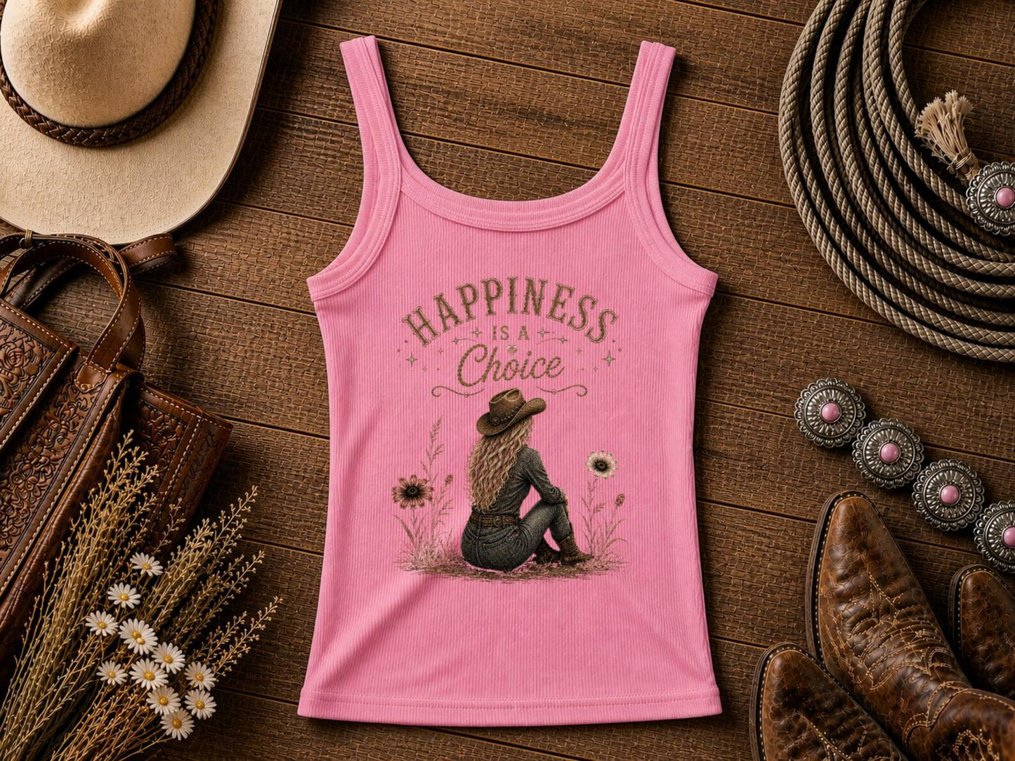 Happiness Is A Choice | Western Cowgirl Tank Top | Retro Nashville Rodeo Shirt | Vintage Graphic T-Shirt | Bella Canvas Western Top for Women
