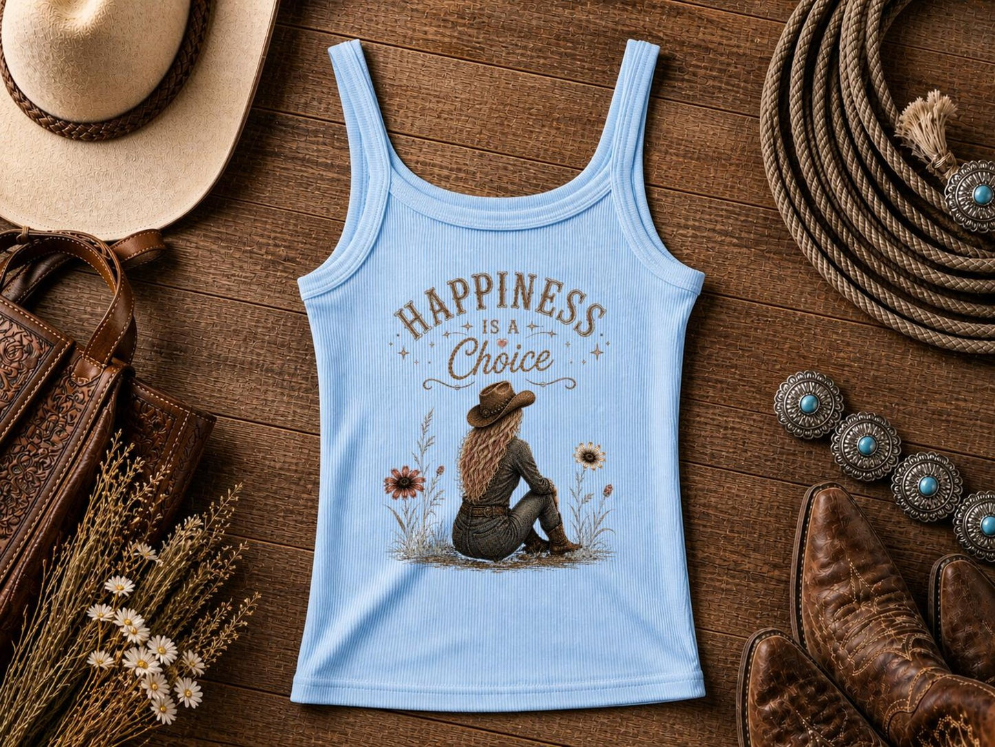 Happiness Is A Choice | Western Cowgirl Tank Top | Retro Nashville Rodeo Shirt | Vintage Graphic T-Shirt | Bella Canvas Western Top for Women