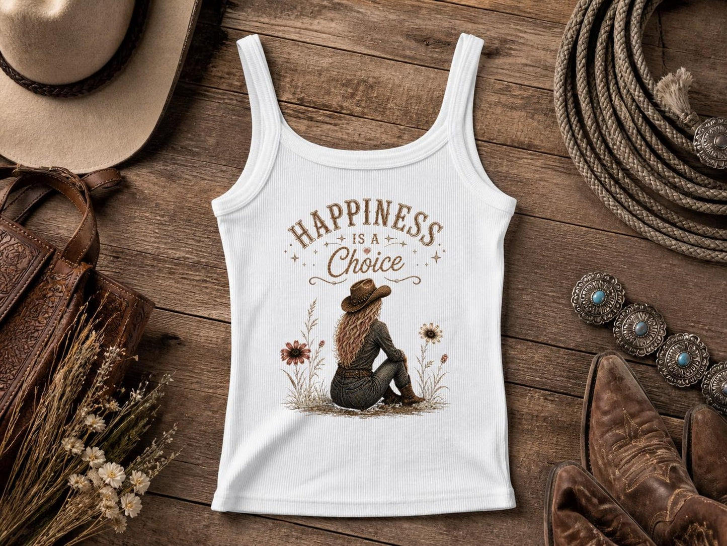 Happiness Is A Choice | Western Cowgirl Tank Top | Retro Nashville Rodeo Shirt | Vintage Graphic T-Shirt | Bella Canvas Western Top for Women