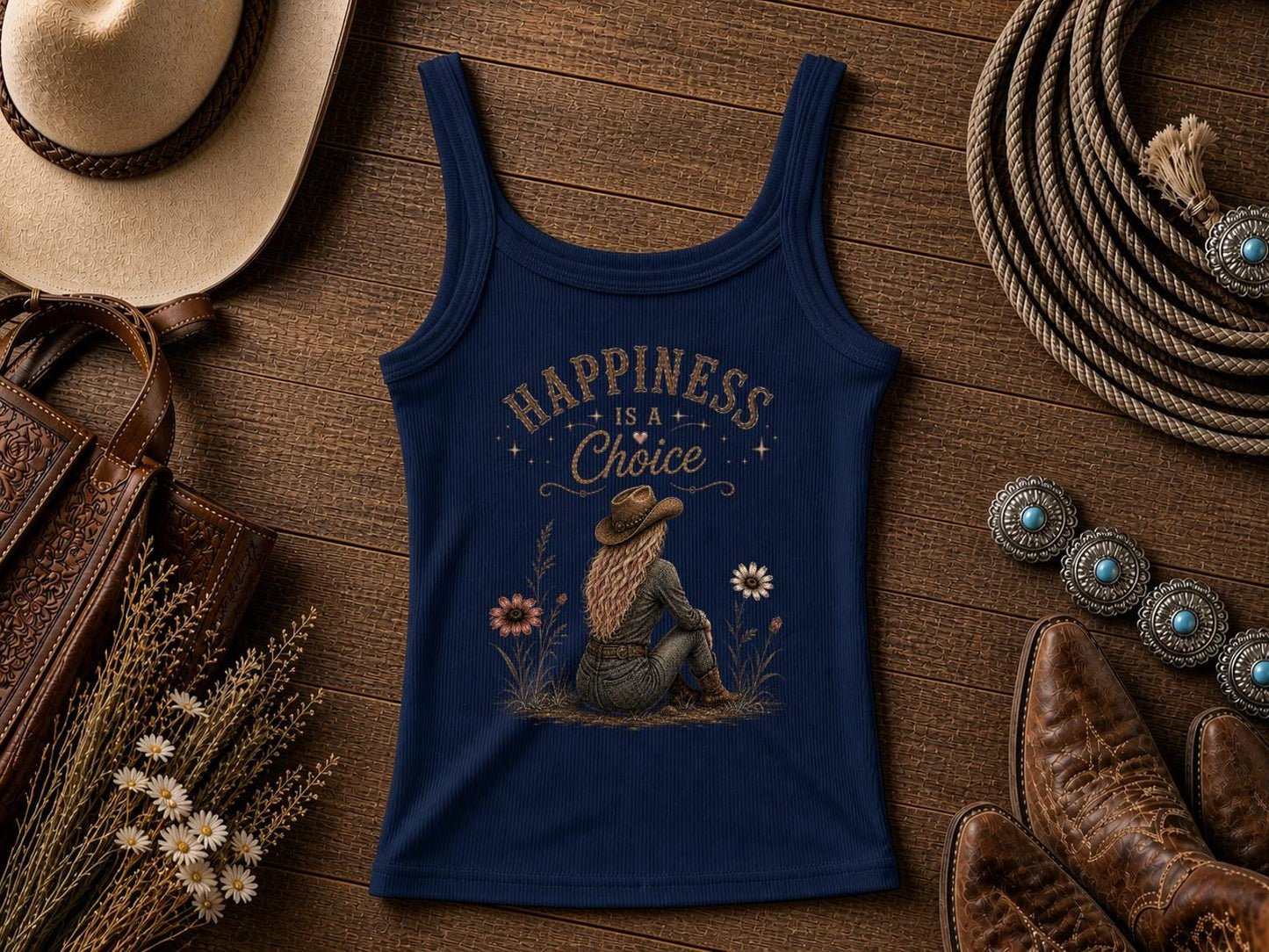 Happiness Is A Choice | Western Cowgirl Tank Top | Retro Nashville Rodeo Shirt | Vintage Graphic T-Shirt | Bella Canvas Western Top for Women