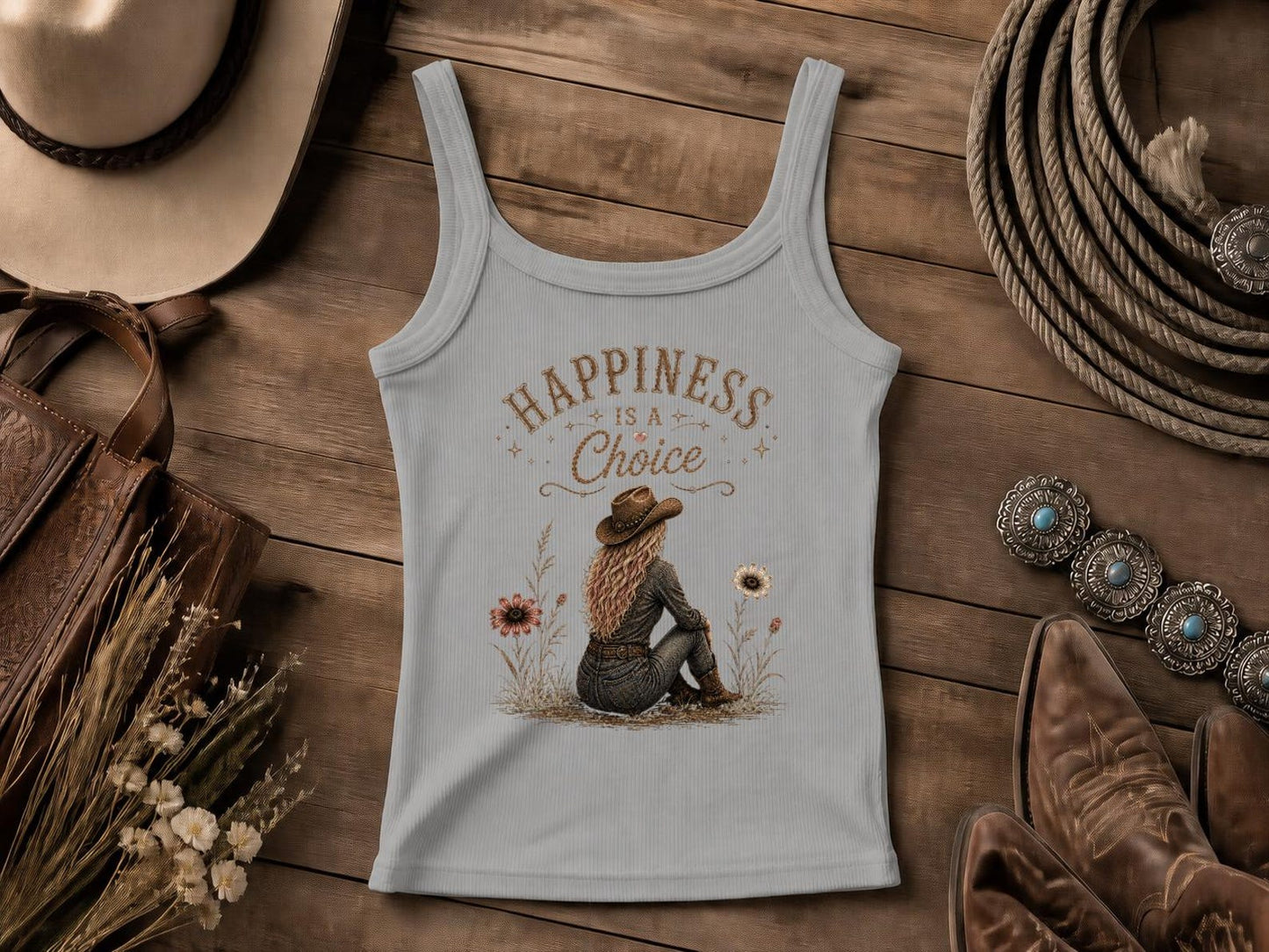 Happiness Is A Choice | Western Cowgirl Tank Top | Retro Nashville Rodeo Shirt | Vintage Graphic T-Shirt | Bella Canvas Western Top for Women