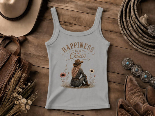 Happiness Is A Choice | Western Cowgirl Tank Top | Retro Nashville Rodeo Shirt | Vintage Graphic T-Shirt | Bella Canvas Western Top for Women