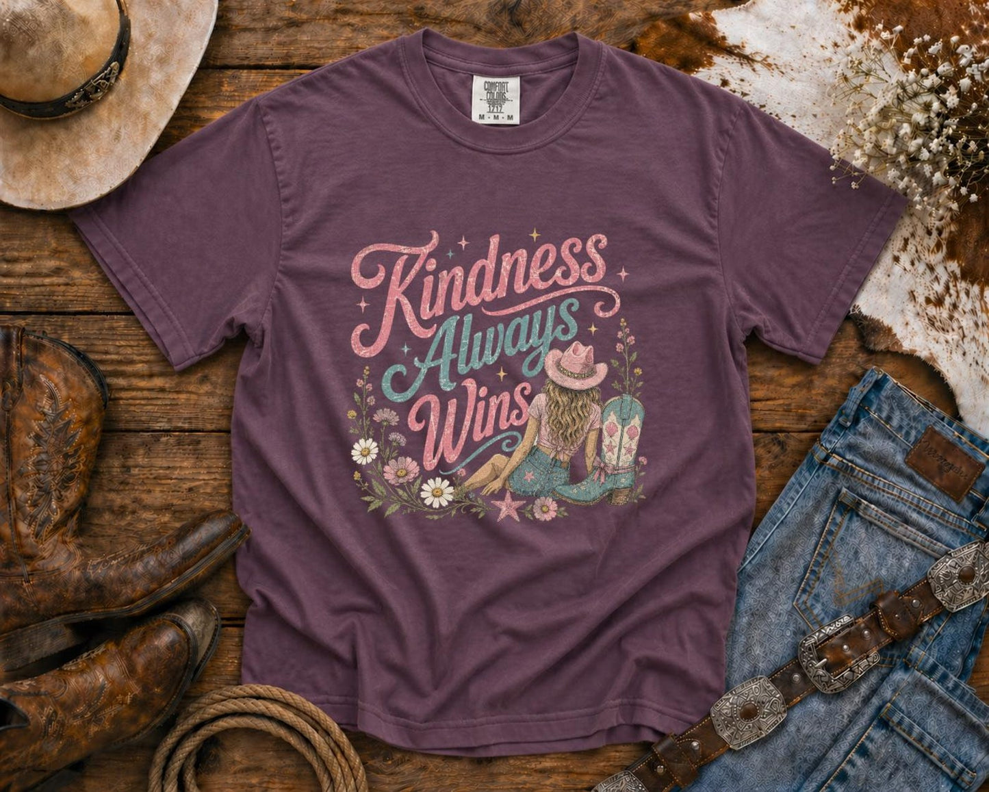 Kindness Always Wins T-Shirt — Cowgirl TShirt | Western Tee | Comfort Colors Country Tee | Vintage Country Shirt | Rodeo Shirt