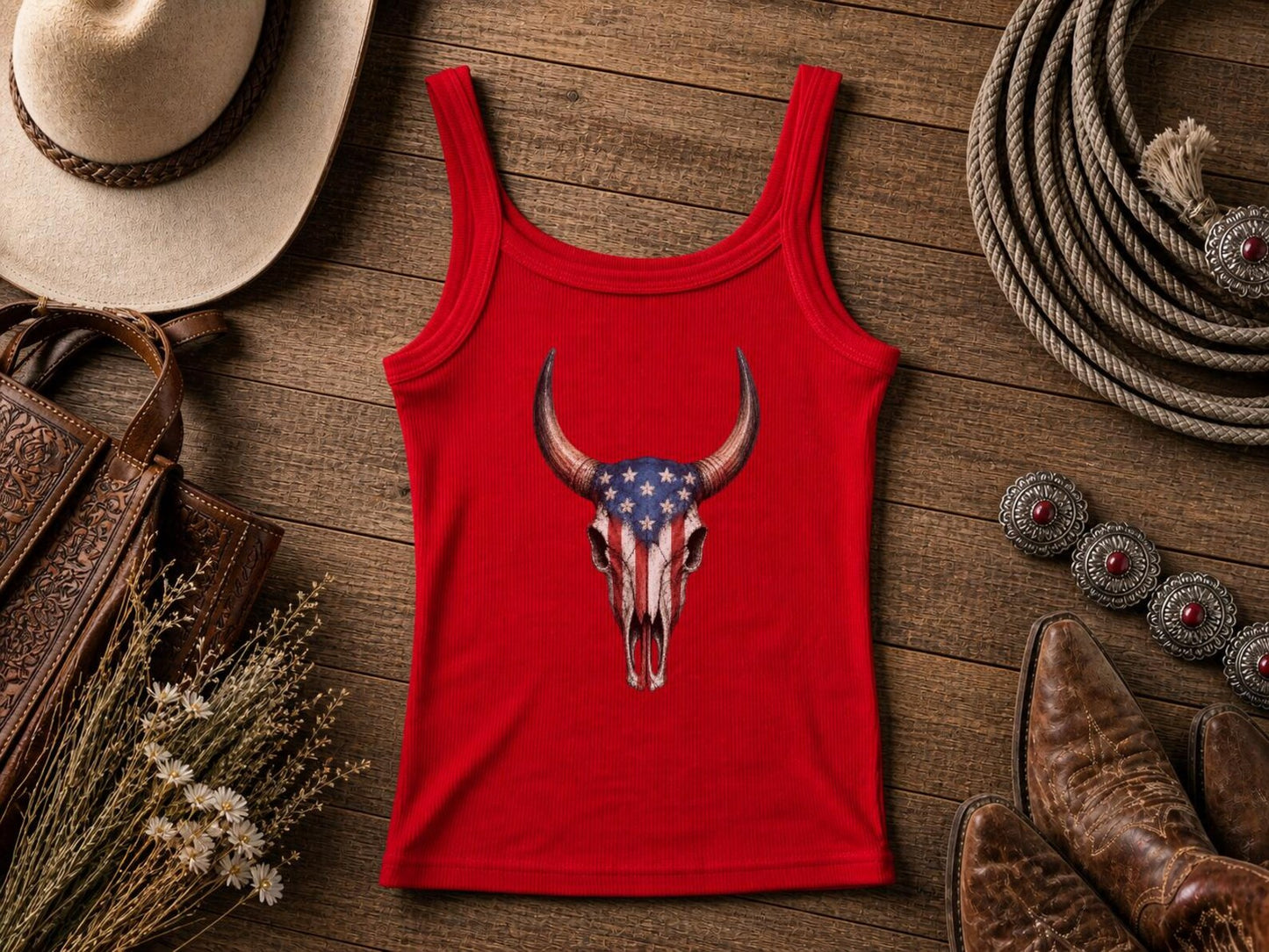 American Flag Cow Skull Tank Top – Patriotic Western Women's Crop