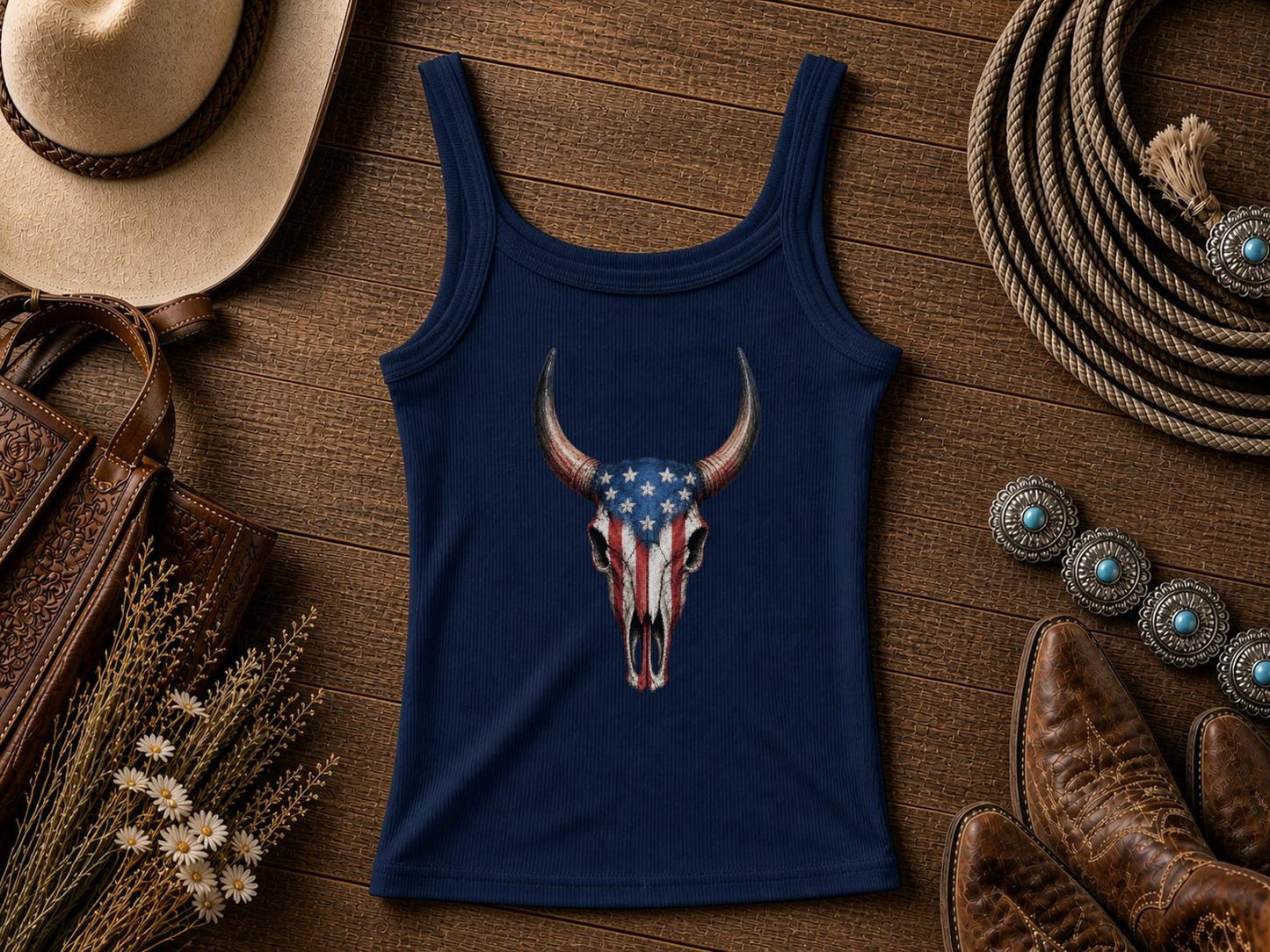 American Flag Cow Skull Tank Top – Patriotic Western Women's Crop