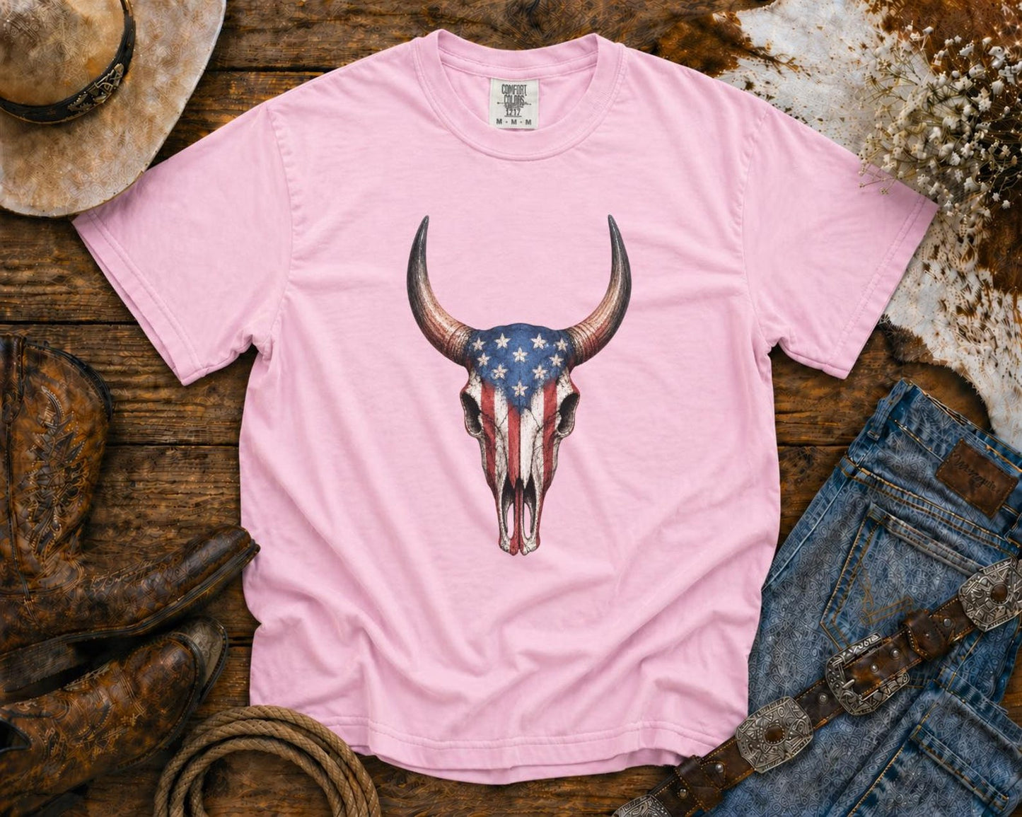 American Flag Bull Skull - Cowgirl TShirt | Western Tee | Comfort Colors Country Tee | Vintage Country Shirt | Rodeo Shirt