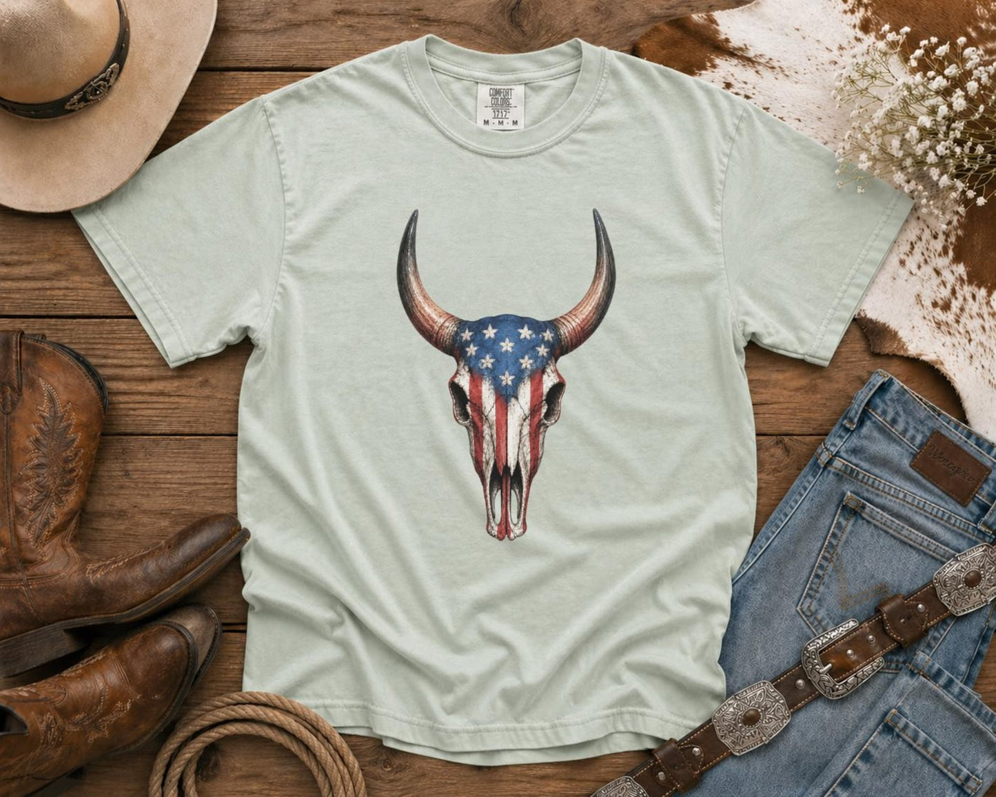 American Flag Bull Skull - Cowgirl TShirt | Western Tee | Comfort Colors Country Tee | Vintage Country Shirt | Rodeo Shirt