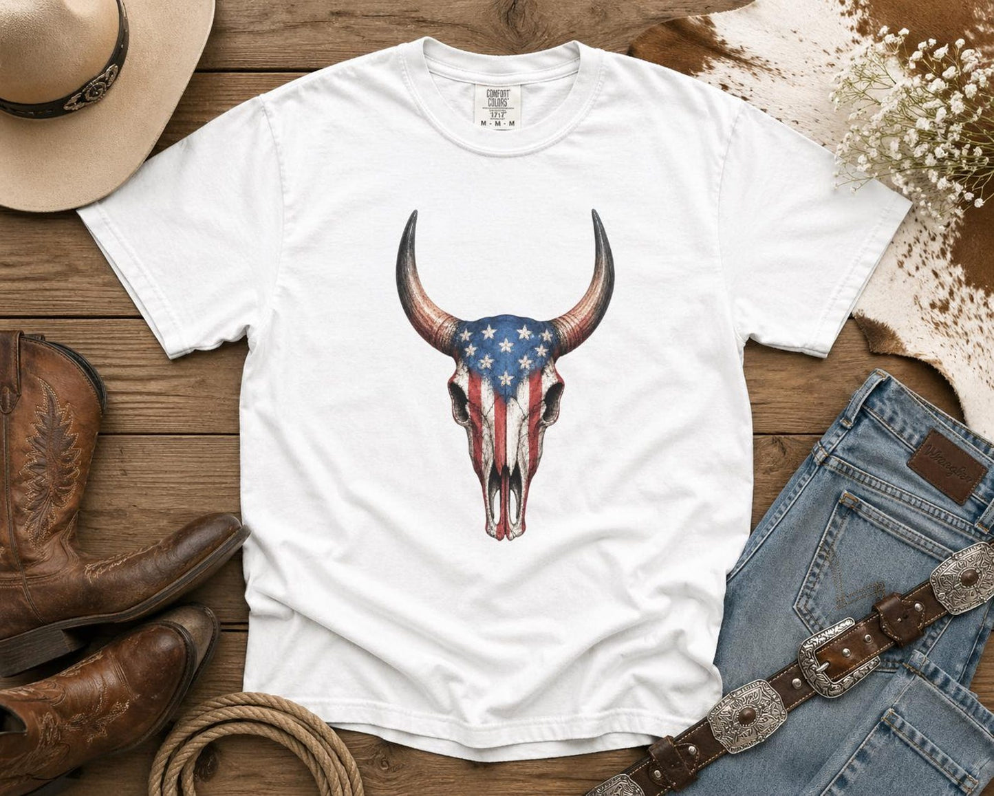 American Flag Bull Skull - Cowgirl TShirt | Western Tee | Comfort Colors Country Tee | Vintage Country Shirt | Rodeo Shirt