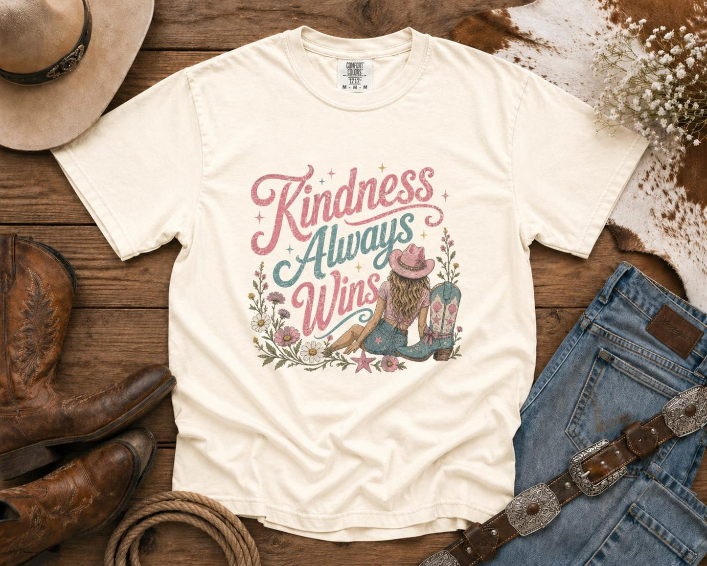 Kindness Always Wins T-Shirt — Cowgirl TShirt | Western Tee | Comfort Colors Country Tee | Vintage Country Shirt | Rodeo Shirt