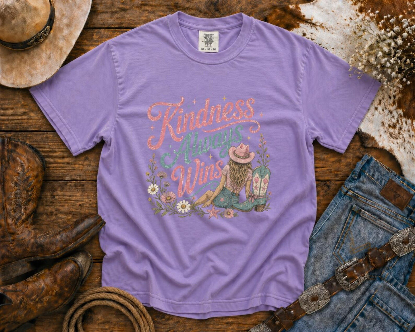 Kindness Always Wins T-Shirt — Cowgirl TShirt | Western Tee | Comfort Colors Country Tee | Vintage Country Shirt | Rodeo Shirt