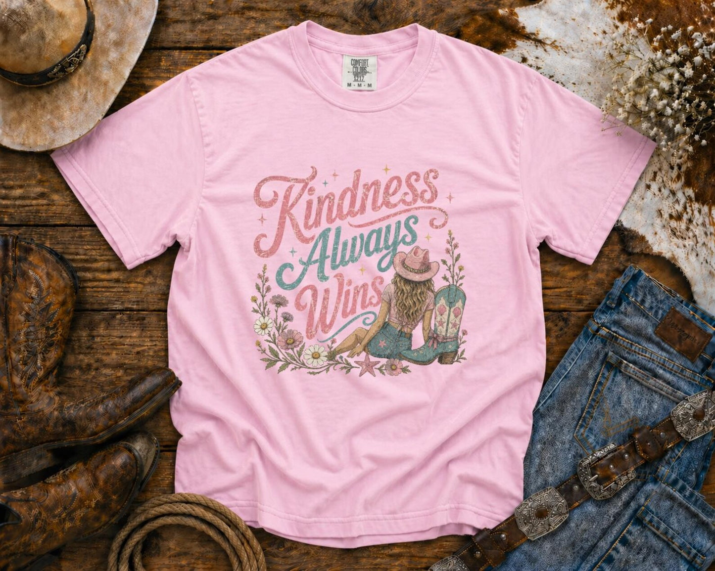 Kindness Always Wins T-Shirt — Cowgirl TShirt | Western Tee | Comfort Colors Country Tee | Vintage Country Shirt | Rodeo Shirt