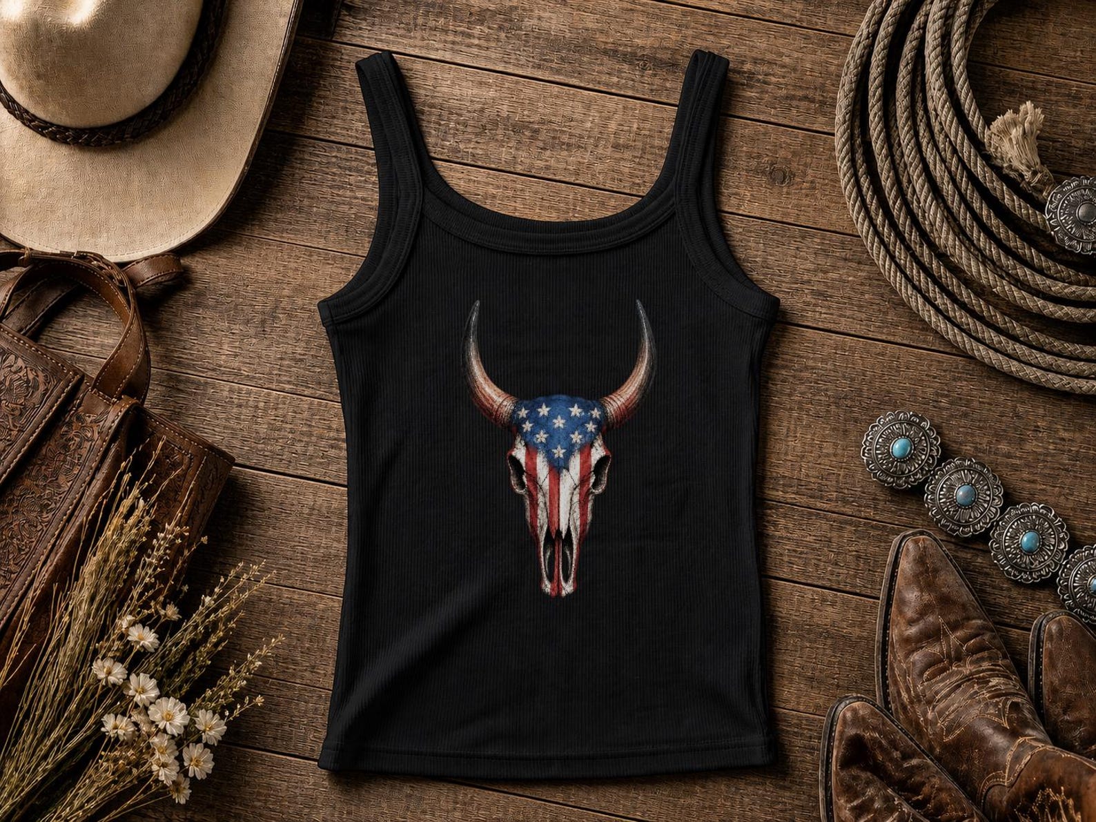 American Flag Cow Skull Tank Top – Patriotic Western Women's Crop