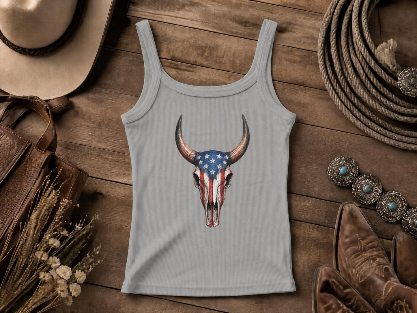 American Flag Cow Skull Tank Top – Patriotic Western Women's Crop
