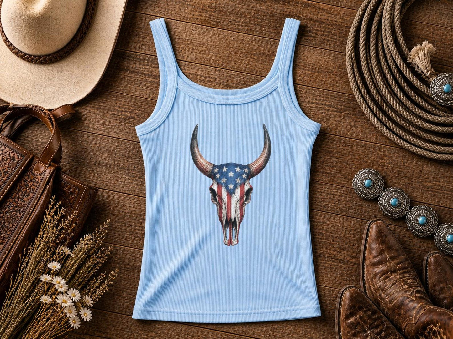 American Flag Cow Skull Tank Top – Patriotic Western Women's Crop