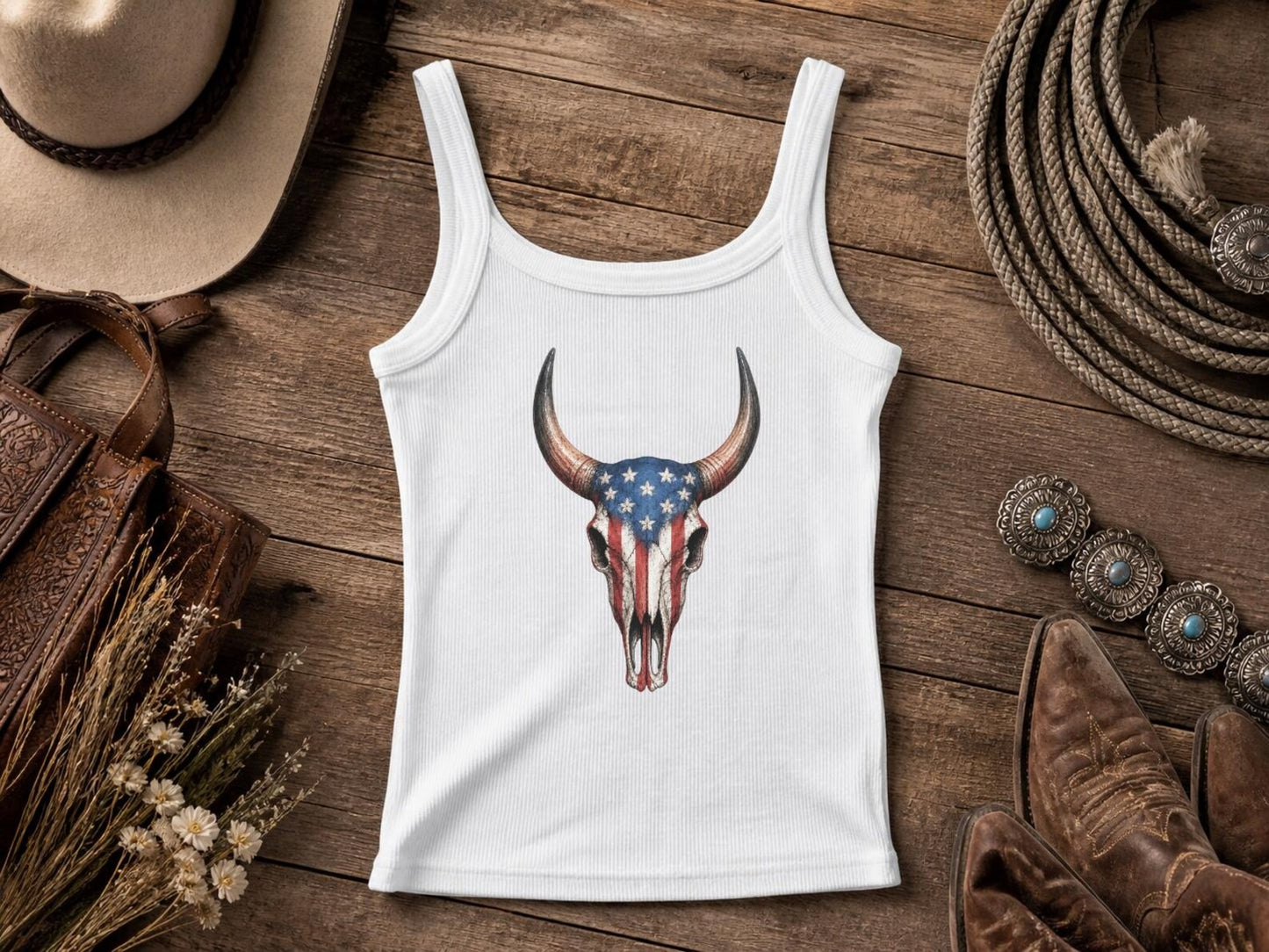 American Flag Cow Skull Tank Top – Patriotic Western Women's Crop