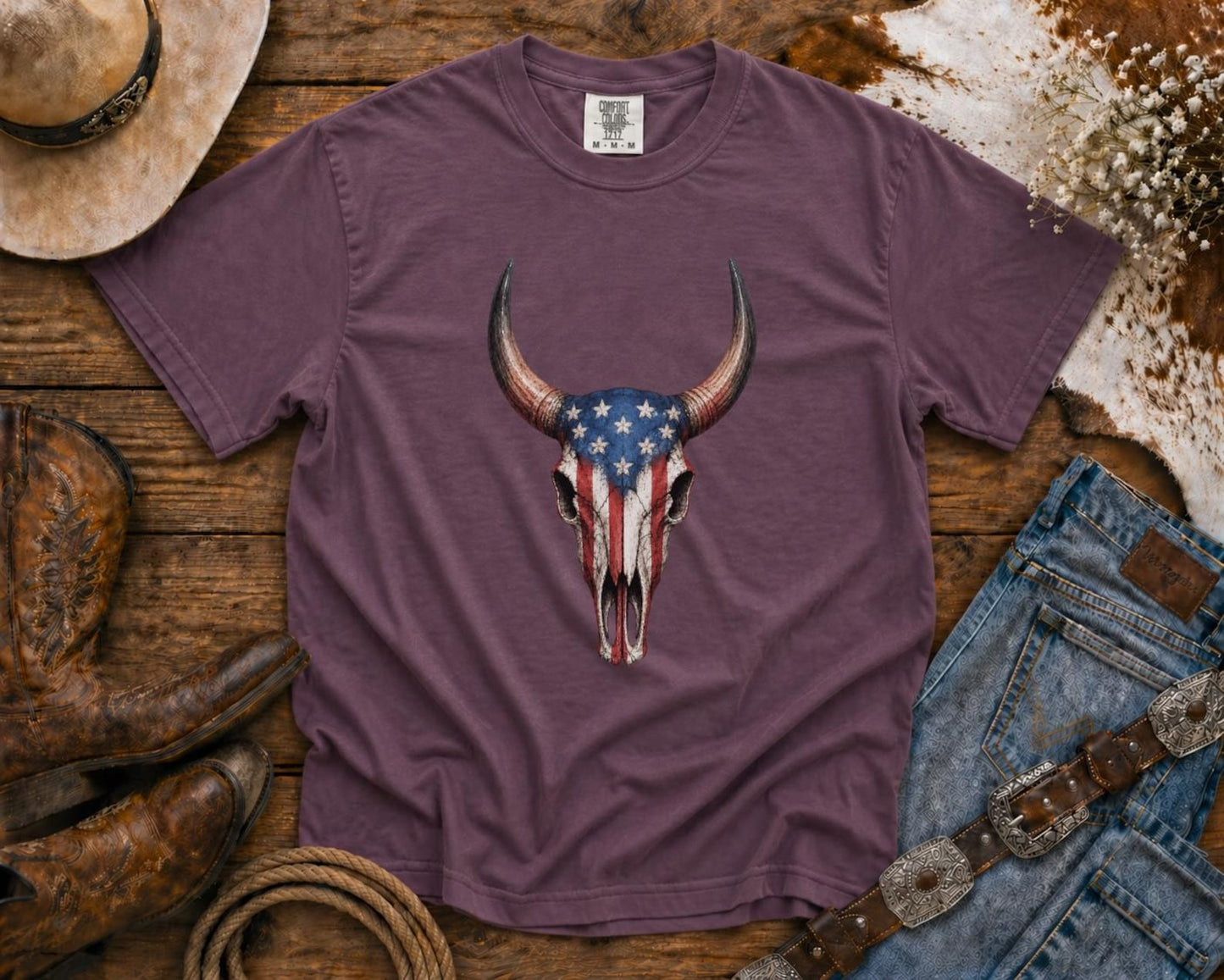 American Flag Bull Skull - Cowgirl TShirt | Western Tee | Comfort Colors Country Tee | Vintage Country Shirt | Rodeo Shirt