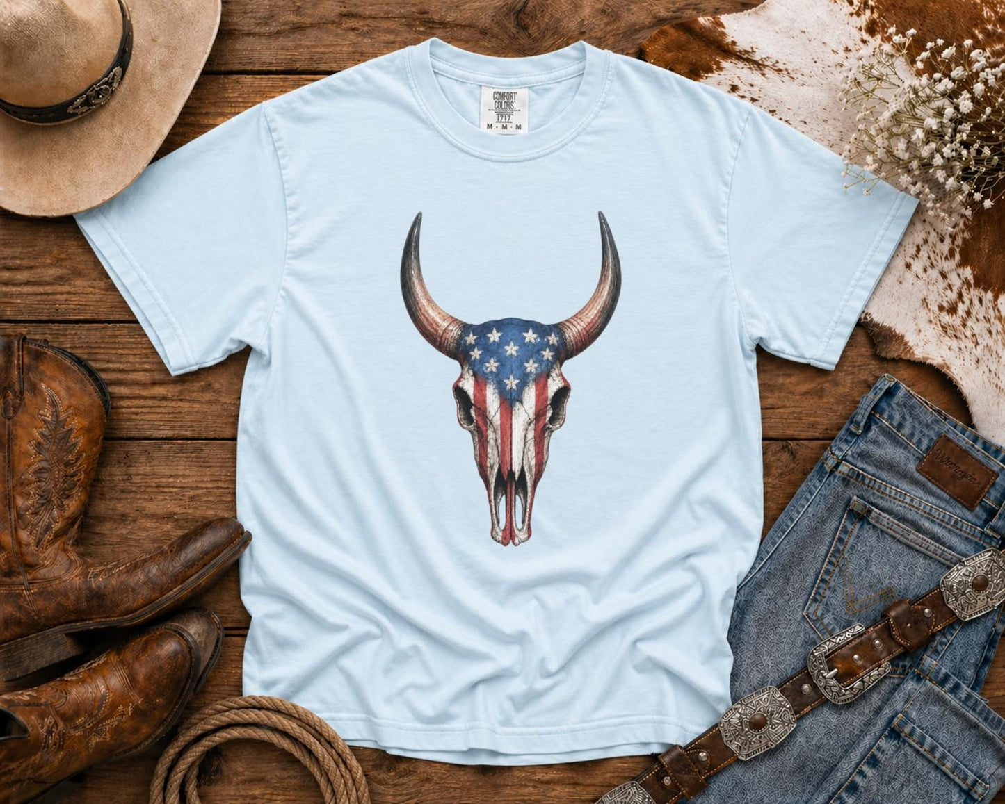 American Flag Bull Skull - Cowgirl TShirt | Western Tee | Comfort Colors Country Tee | Vintage Country Shirt | Rodeo Shirt