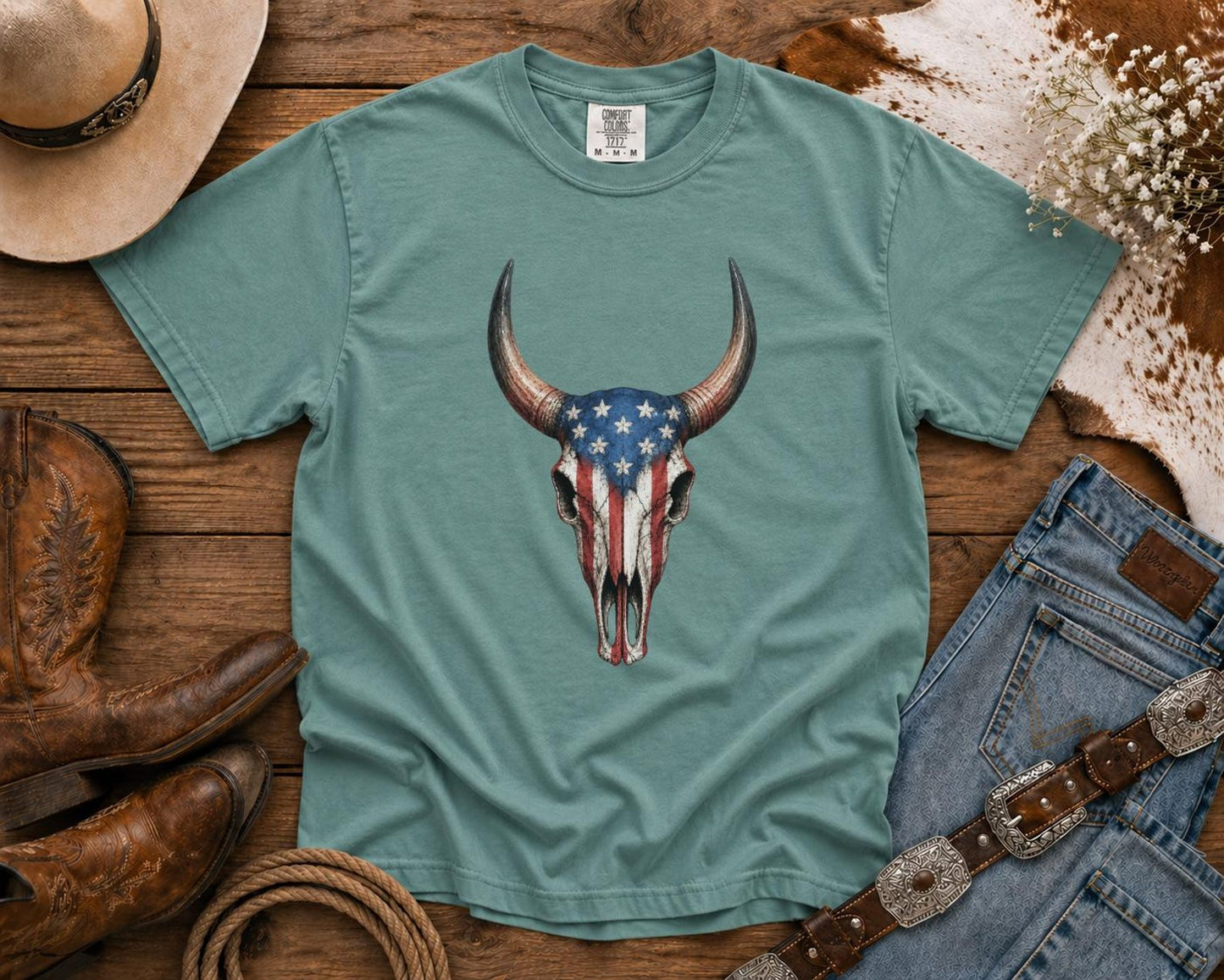 American Flag Bull Skull - Cowgirl TShirt | Western Tee | Comfort Colors Country Tee | Vintage Country Shirt | Rodeo Shirt
